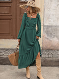 Front view of dark green square-neck ruffle midi dress with bishop sleeves