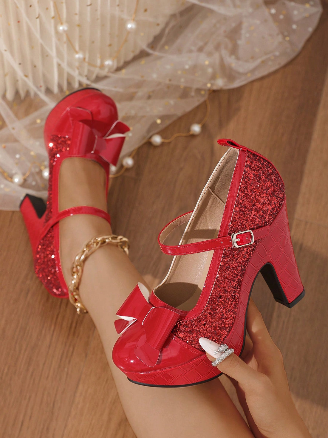 Elevate your style and stay comfortable with Dazzle in Red: Waterproof Platform Women's Shoes. Featuring a waterproof design, these shoes keep your feet dry and the rhinestone strap adds a touch of glamour. The platform sole provides extra height while keeping your feet supported. Perfect for any occasion.