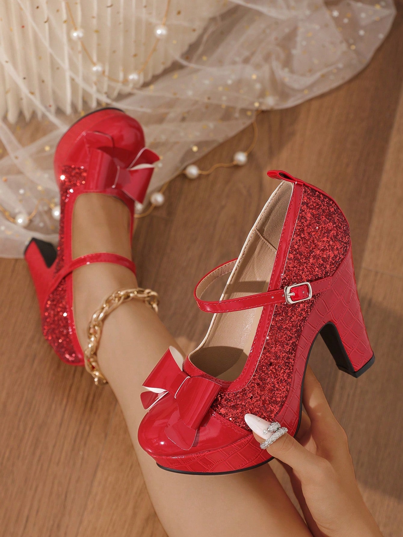 Elevate your style and stay comfortable with Dazzle in Red: Waterproof Platform Women's Shoes. Featuring a waterproof design, these shoes keep your feet dry and the rhinestone strap adds a touch of glamour. The platform sole provides extra height while keeping your feet supported. Perfect for any occasion.