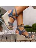 Denim open toe platform sandals lifestyle view with ridged rubber sole and casual styling