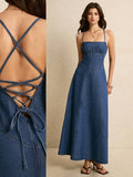 Composite front and back view of medium-wash square-neck denim maxi dress with lace-up open back