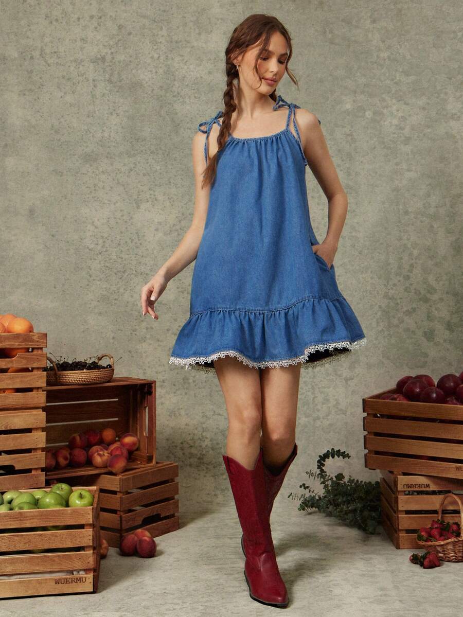 Denim tie strap babydoll mini dress front view