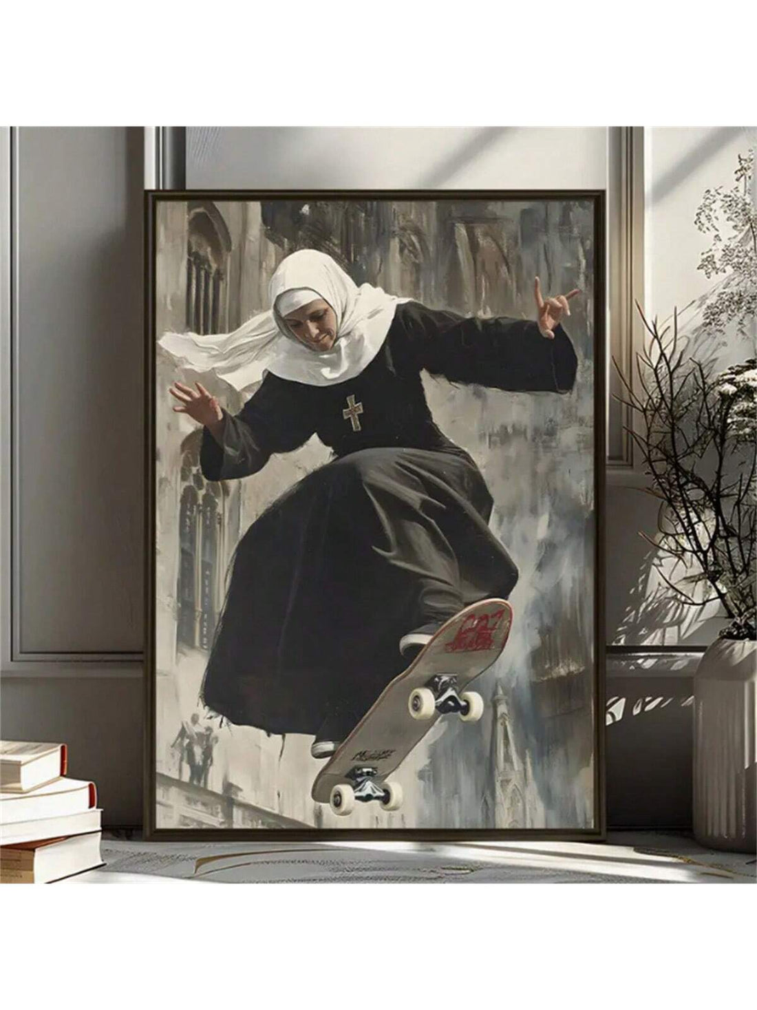 Add a divine touch to your home decor with our unique Skateboarding Nun Parody Canvas Print. This quirky piece is sure to make you stand out and bring a touch of humor to any room. Perfect for skateboard enthusiasts or those who appreciate a good pun. Available now!