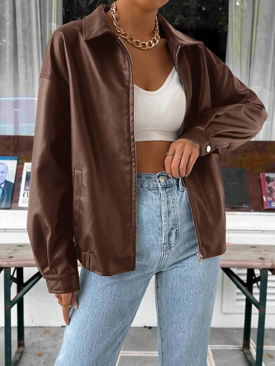 Drop Shoulder Cropped PU Leather Jacket for Stylish Fall and Winter Looks - women outerwear jacket visible in all media images, product image 1