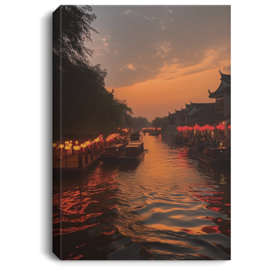 Jiangnan Town, Small Bridges, Flowing Water, Sunset, Lanterns, Boats And Prosperity Canvas