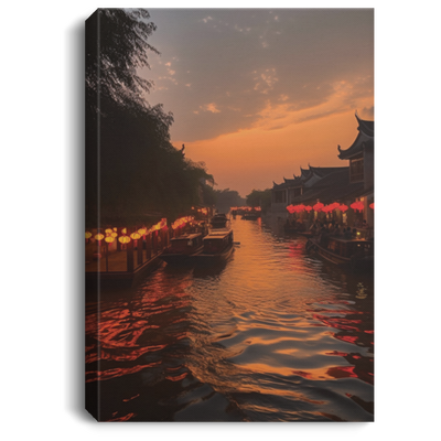 Jiangnan Town, Small Bridges, Flowing Water, Sunset, Lanterns, Boats And Prosperity Canvas