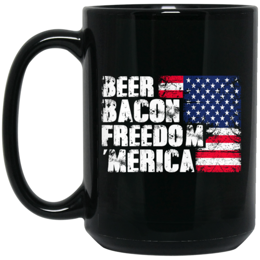 Beer Gift, Bacon Lover, Freedom Gift, American Flag, Love Bacon Gift Black Mug