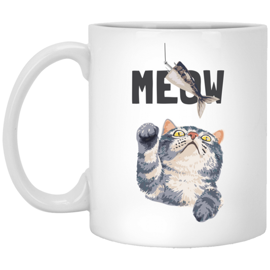 Cute Meow, Cute Stupid Cat, Cat Catch Fishing Rod White Mug