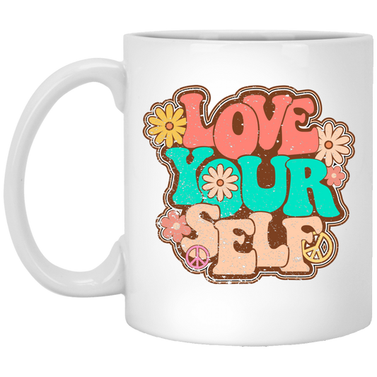 Love Yourself, Peace Love Yourself, Groovy Style, Retro Lovely Gift White Mug