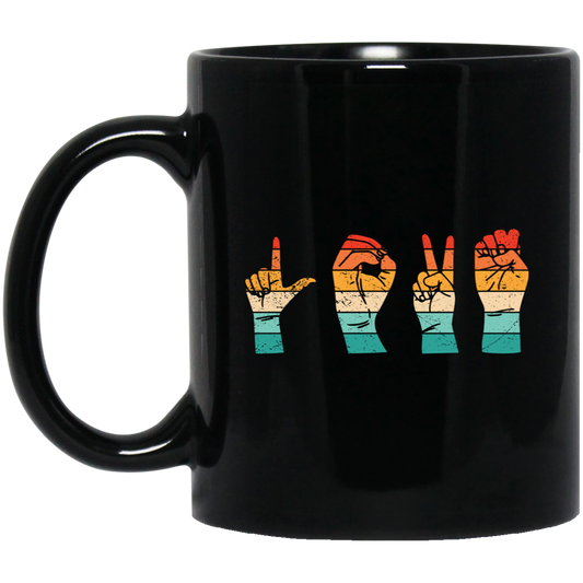 Love Sign, Retro Love Sign, Hand Sign, Love Hand Sign Black Mug