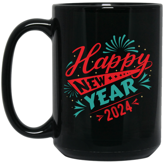 Happy New Year 2024, Happy New Year, Fireworks New Year Black Mug