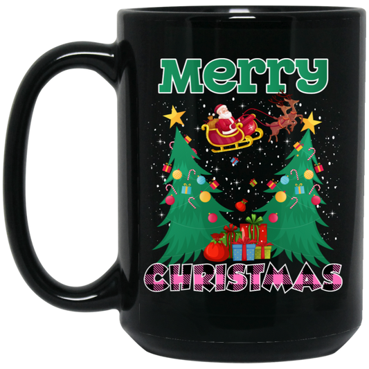 Santa Claus With Reindeer, Cute Santa Claus, Santa I Flying, Merry Christmas, Trendy Christmas Black Mug