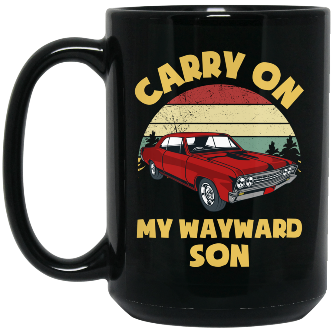 Carry On My Wayward Son, Red Car, Classic Car Black Mug