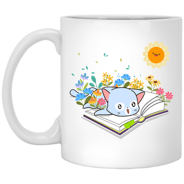 Cute Cat In Spring, Cat With Book Under The Sun White Mug