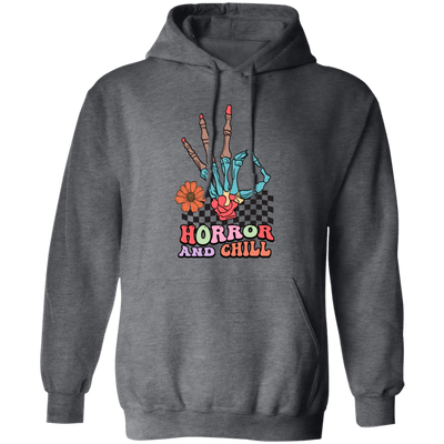 Horror And Chill, Skeleton Hand, Okay Sign, Groovy Skeleton Pullover Hoodie