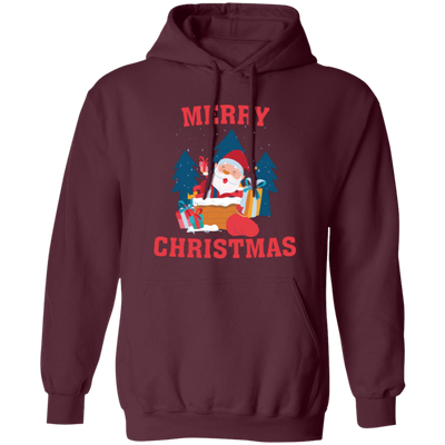 Cute Santa, Happy Santa, Funny Santa, Santa With Gift, Merry Christmas, Trendy Christmas Pullover Hoodie