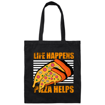 Life Happens, Pizza Helps, Fast Food Lover, Pizza Love Gift, Retro Pizza Canvas Tote Bag