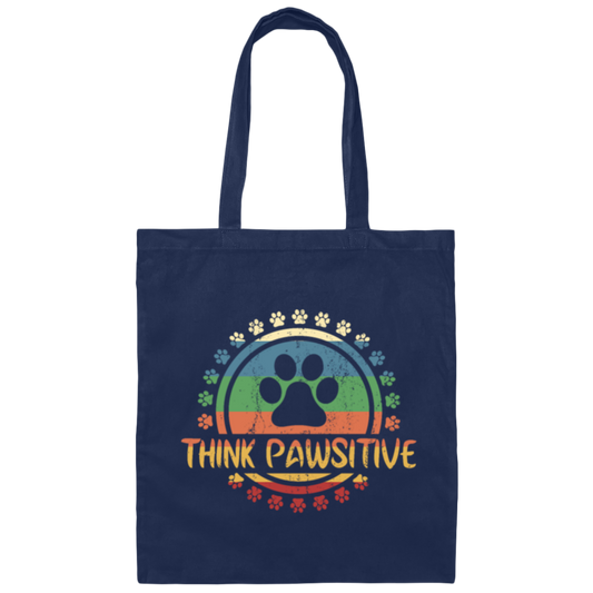 Retro Dog Paw print Cat Think Pawsitive Pet lover Canvas Tote Bag