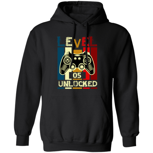 Gamer Love Gift, Level 5 Unlocked, Retro Style For 5th Birthday, Love 5th Pullover Hoodie