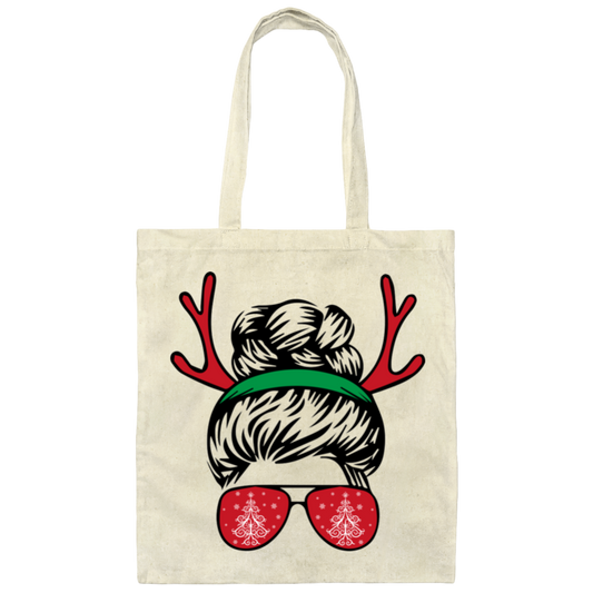 Messy Bun Girl, Girl With Deer Horn, Christmas Tree In Glasses, Merry Christmas, Trendy Chrismas Canvas Tote Bag