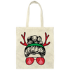 Messy Bun Girl, Girl With Deer Horn, Christmas Tree In Glasses, Merry Christmas, Trendy Chrismas Canvas Tote Bag