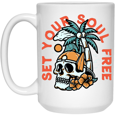 Set Your Soul Free, Cool Skull, Palm Tree On The Beach White Mug