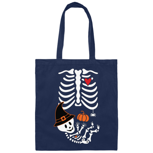 Skeleton Play Pumpkin, Happy Halloween, Lungs Bones, Skeleton Wear Witch Hat Canvas Tote Bag