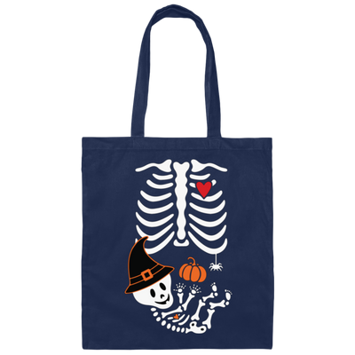 Skeleton Play Pumpkin, Happy Halloween, Lungs Bones, Skeleton Wear Witch Hat Canvas Tote Bag