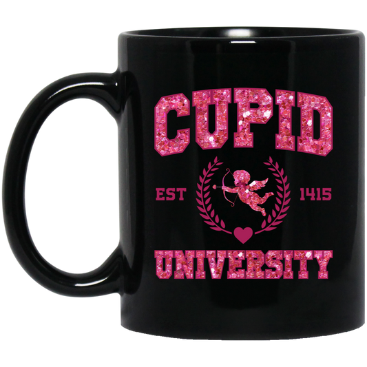 Cupid University, Est 1415, Pink Glitter Cupid, Glitter Valentine, Valentine's Day, Trendy Valentine Black Mug