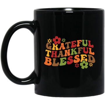 Grateful, Thankful, Blessed, Thanksgiving, Fall Season Black Mug
