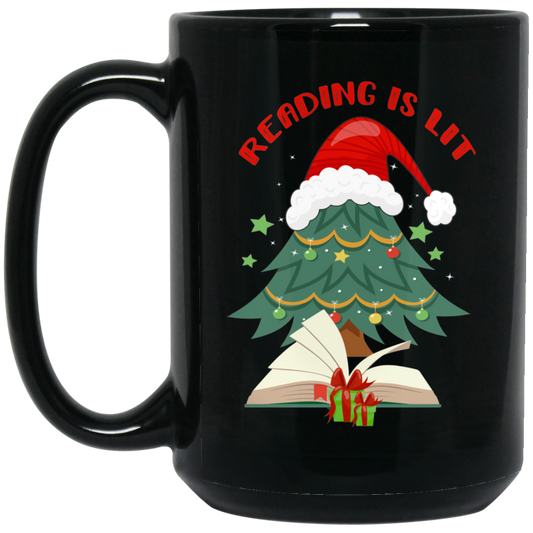 Reading Is Lit, Christmas Tree, Christmas Book, Merry Christmas, Trendy Christmas Black Mug