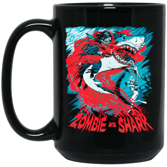 Fight Shark Vs Zombie, Zombie Fight Shark, Horror Gift, Scare Zombie Black Mug