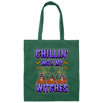 Chillin With My Witches Halloween Funny Sloth Canvas Tote Bag