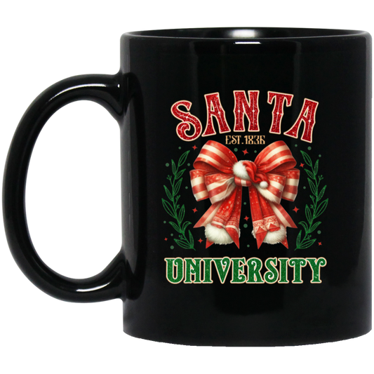 Santa University, Est 1836, Christmas Bow, Merry Christmas Black Mug