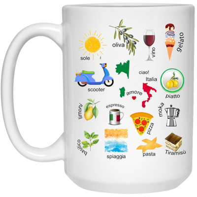 Love Italy, Pizza, Scooter, Wine Italy, Moka, Beach White Mug