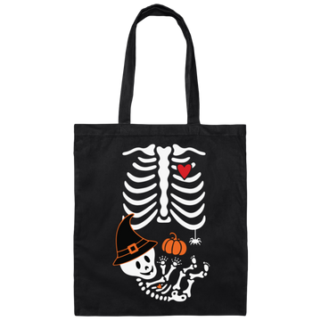 Skeleton Play Pumpkin, Happy Halloween, Lungs Bones, Skeleton Wear Witch Hat Canvas Tote Bag