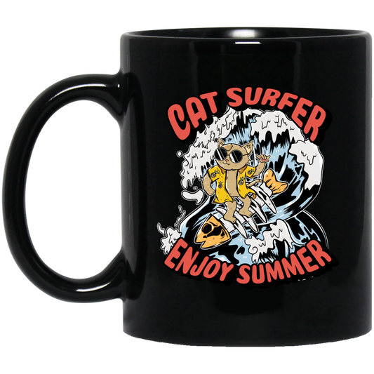 Cat Surfer Enjoy Summer, Surfing On The Beach, Summer Vacation Black Mug