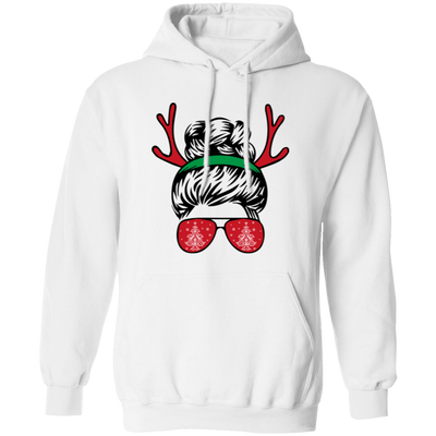 Messy Bun Girl, Girl With Deer Horn, Christmas Tree In Glasses, Merry Christmas, Trendy Chrismas Pullover Hoodie