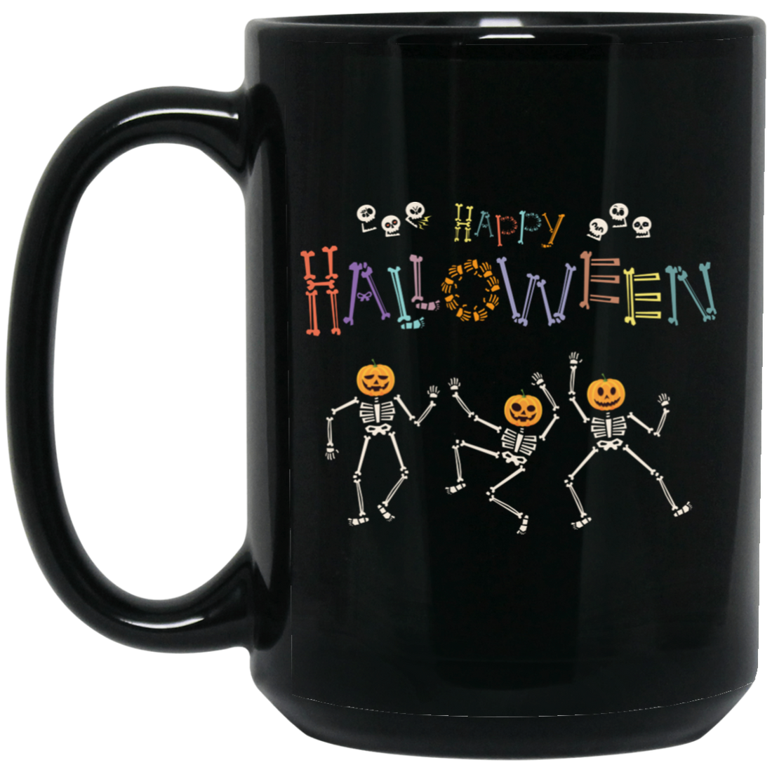 This Halloween, gift your loved ones the Happy Halloween, Skeleton Dancing, Funny Halloween Black Mug. Enjoy a fun and festive holiday with this mug featuring a skeleton dancing a jig – perfect for those who enjoy a good scare! Great for hot or cold beverages, the mug is both durable and dishwasher safe.