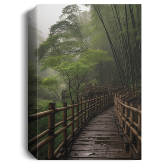 Drizzle In Bamboo Forest, Endless Mountain, Small Bridge In The Forest Canvas