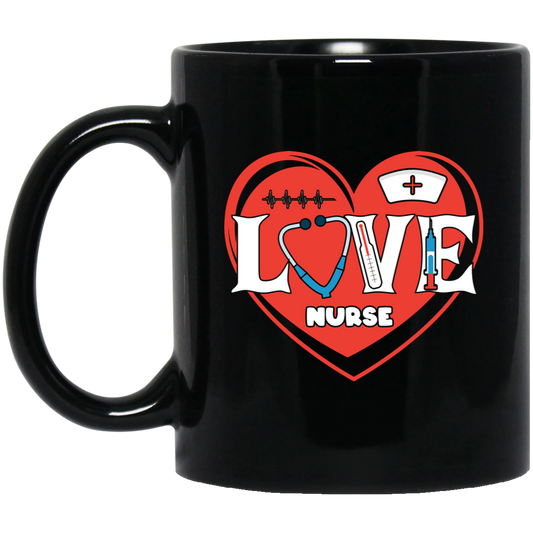 Love Nurse, Cute Nurse, Nurse Lover, Nurse Valentine, Valentine's Day Black Mug