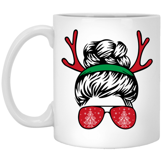 Messy Bun Girl, Girl With Deer Horn, Christmas Tree In Glasses, Merry Christmas, Trendy Chrismas White Mug