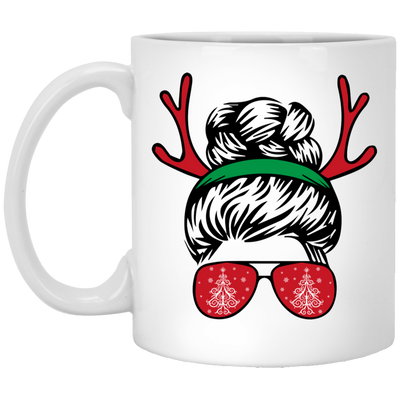 Messy Bun Girl, Girl With Deer Horn, Christmas Tree In Glasses, Merry Christmas, Trendy Chrismas White Mug