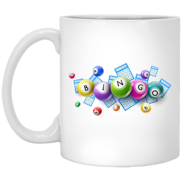Bingo Balls And Bingo Tickets, Lottery Ticket, Win Bingo White Mug