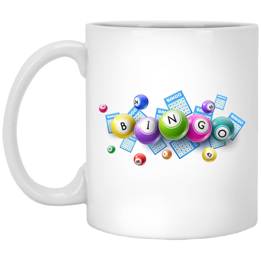 Bingo Balls And Bingo Tickets, Lottery Ticket, Win Bingo White Mug