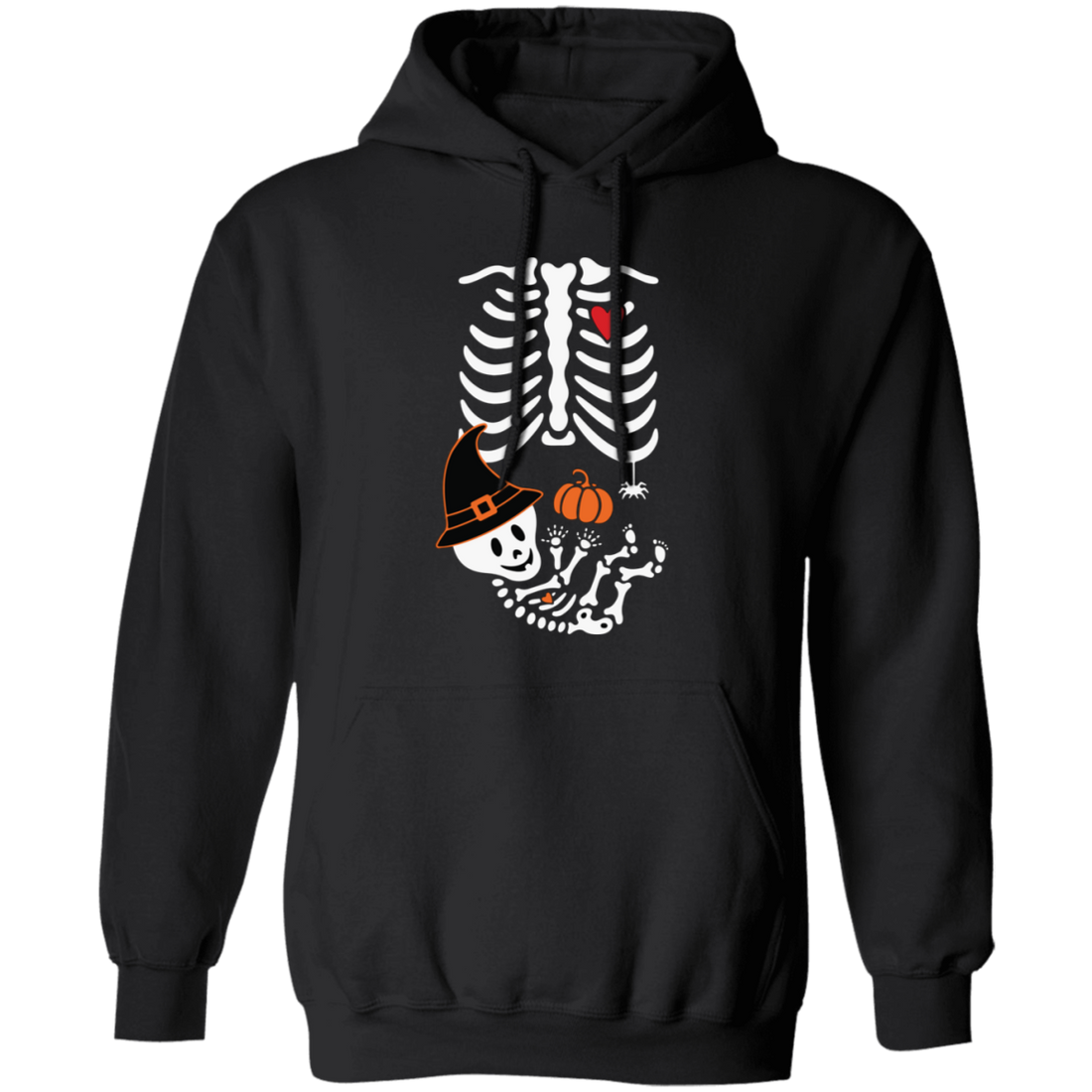 Embrace the spooky season with this unique, eye-catching pullover hoodie. Featuring a Skeleton Play Pumpkin, Happy Halloween design, this hoodie impresses with its remarkable craftsmanship and attention to detail, with lungs bones and a skeleton wearing a witch’s hat. Perfect for any Halloween celebration.