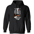 Embrace the spooky season with this unique, eye-catching pullover hoodie. Featuring a Skeleton Play Pumpkin, Happy Halloween design, this hoodie impresses with its remarkable craftsmanship and attention to detail, with lungs bones and a skeleton wearing a witch’s hat. Perfect for any Halloween celebration.