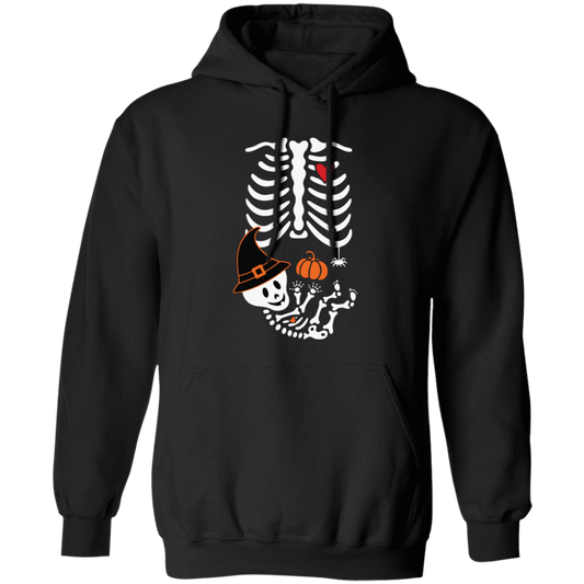 Embrace the spooky season with this unique, eye-catching pullover hoodie. Featuring a Skeleton Play Pumpkin, Happy Halloween design, this hoodie impresses with its remarkable craftsmanship and attention to detail, with lungs bones and a skeleton wearing a witch’s hat. Perfect for any Halloween celebration.