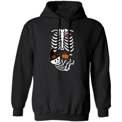 Embrace the spooky season with this unique, eye-catching pullover hoodie. Featuring a Skeleton Play Pumpkin, Happy Halloween design, this hoodie impresses with its remarkable craftsmanship and attention to detail, with lungs bones and a skeleton wearing a witch’s hat. Perfect for any Halloween celebration.