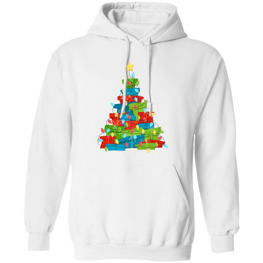 Christmas Tree Made From Gift Box, Xmas Light Line, Merry Christmas, Trendy Christmas Pullover Hoodie